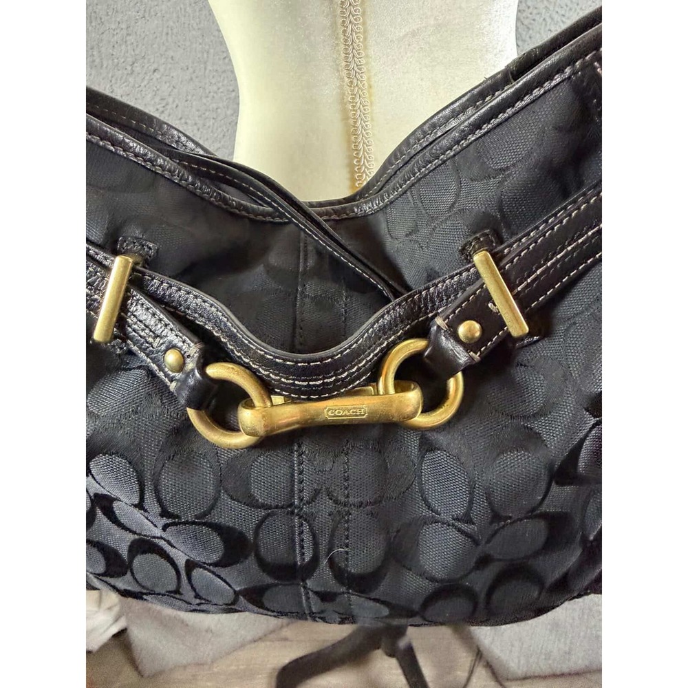 Coach Signature Black Jacquard Leather Hobo Bag Brass Horsebit 12469 Womens - Picture 2 of 7
